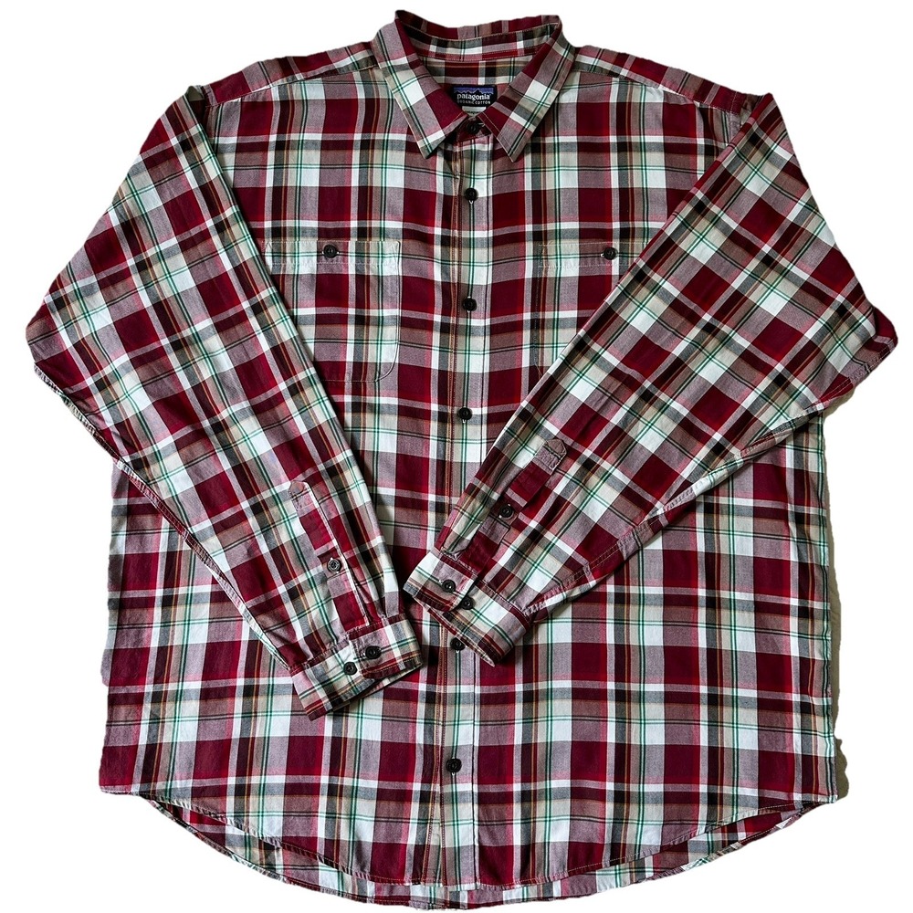Patagonia‎ Flannel Shirt Men's 2XL Plaid Red Green Long Sleeve Organic Cotton
